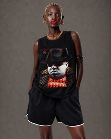 Female model wearing CHINAKWE BIG black tank top
