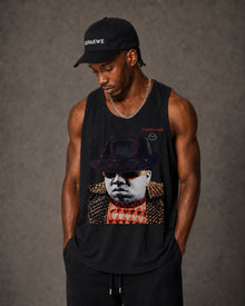 Male model wearing CHINAKWE BIG black tank top