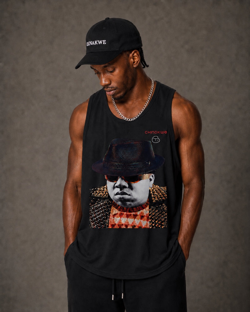 Male model wearing CHINAKWE BIG black tank top