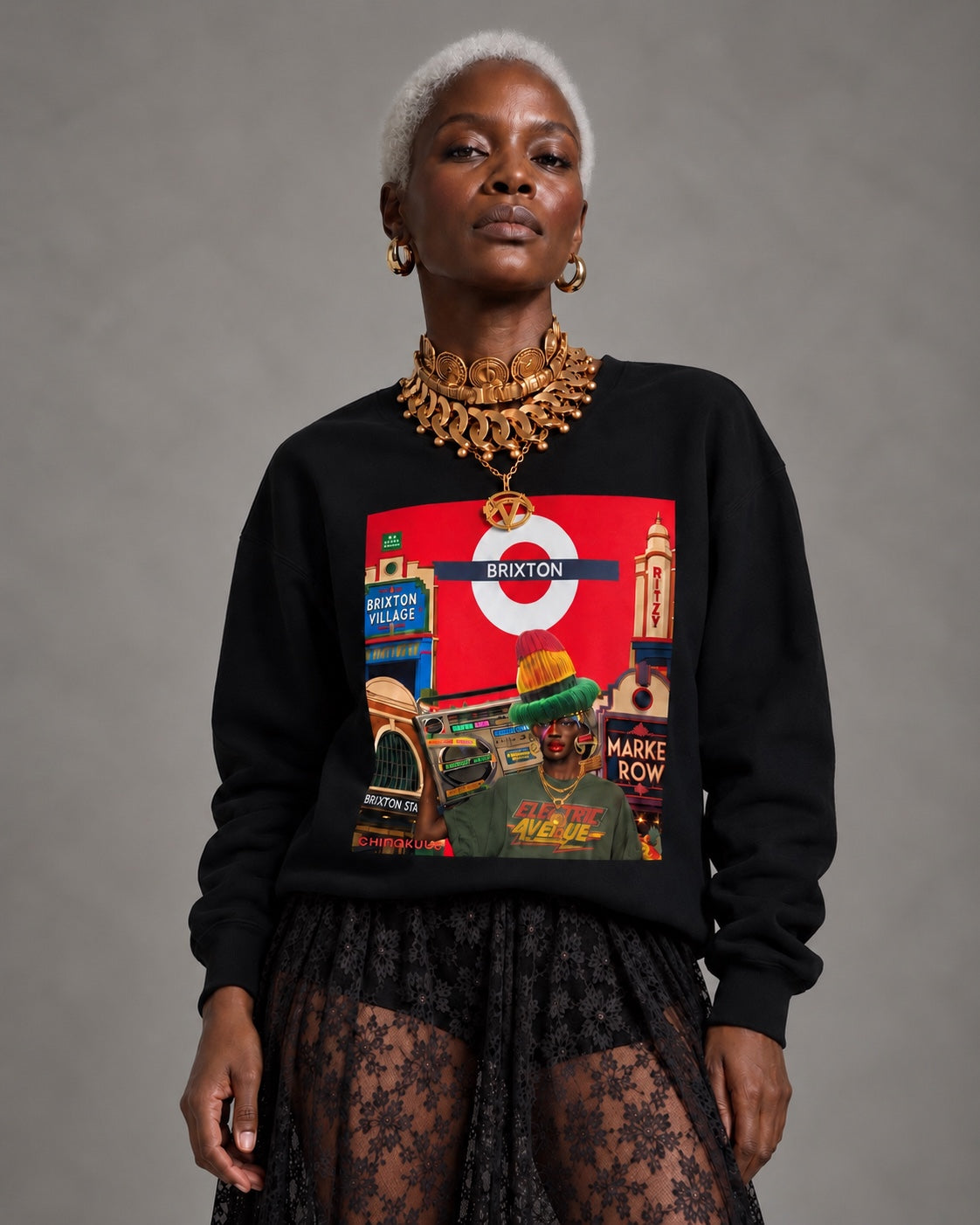 Woman wearing Chinakwe X Brixton black sweatshirt
