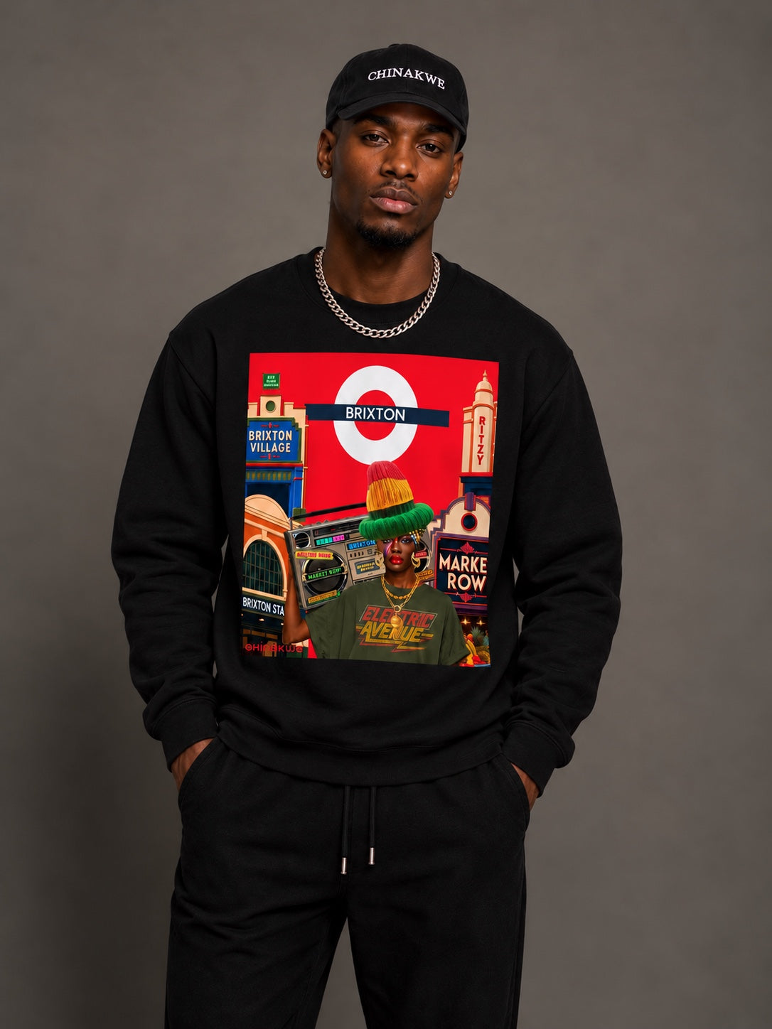 Man wearing Chinakwe X Brixton black sweatshirt