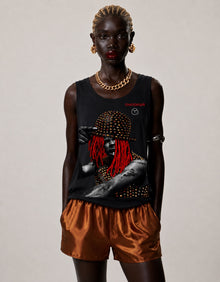Female model wearing CHINAKWE BUSTA black tank top