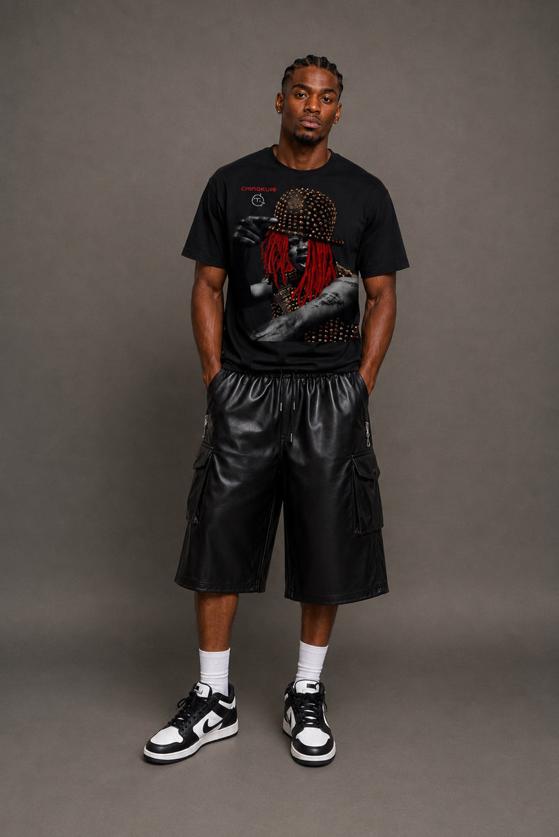 Male model wearing CHINAKWE BUSTA black T-shirt
