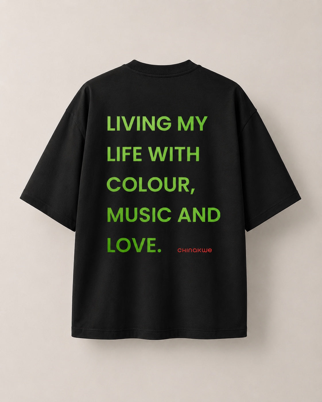CHINAKWE Live Life Yellow black T-shirt back with green text