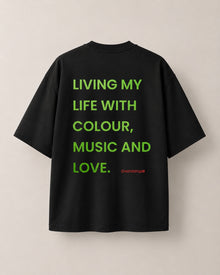 CHINAKWE Live Life Yellow black T-shirt back with green text