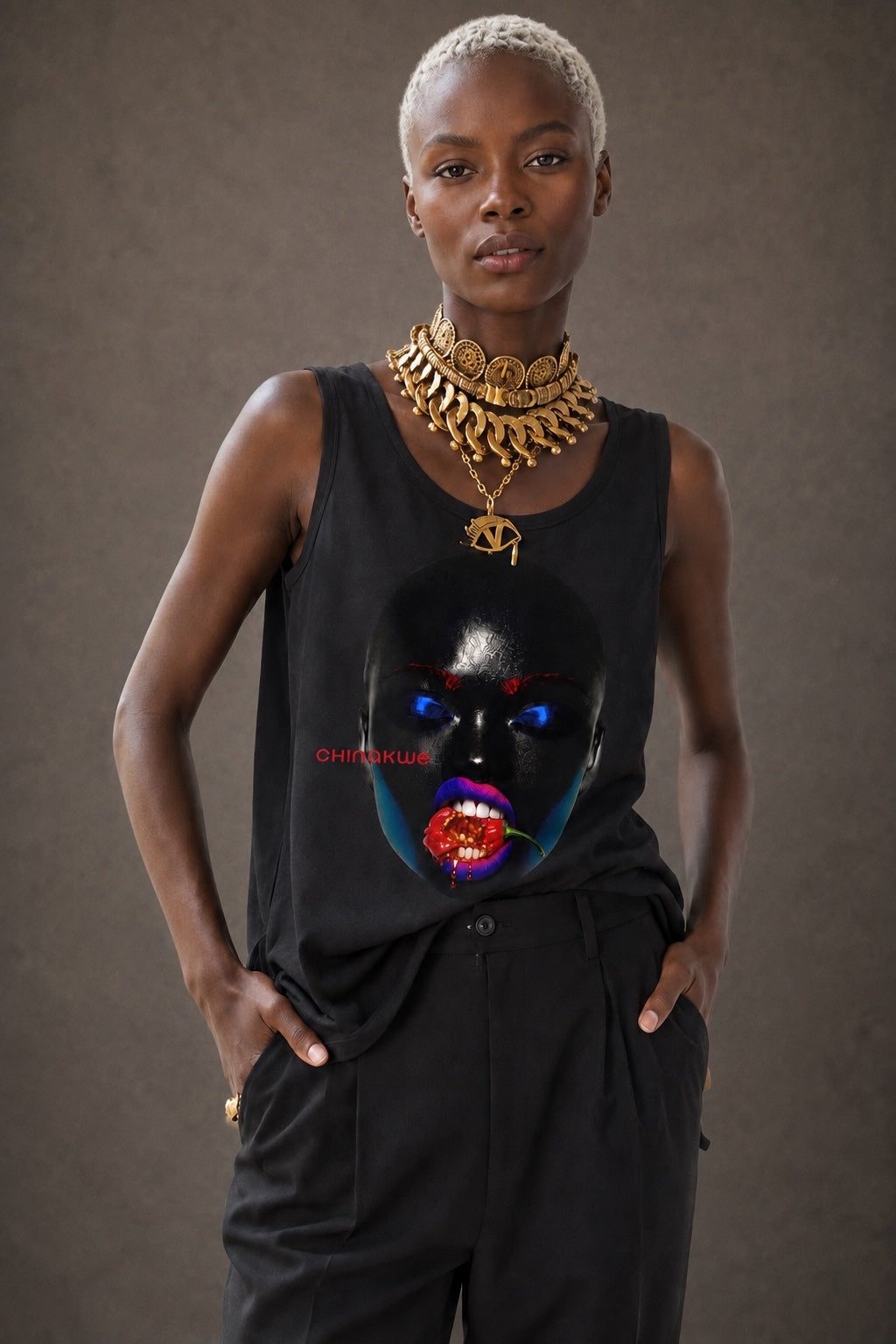 Female model wearing CHINAKWE Scotch Bonnet Hot sleeveless T-shirt