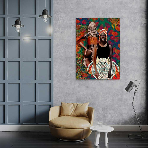 Honesty mixed media bold black woman art collage portrait from Colourism Collection interior shot created by artist Caroline Chinakwe