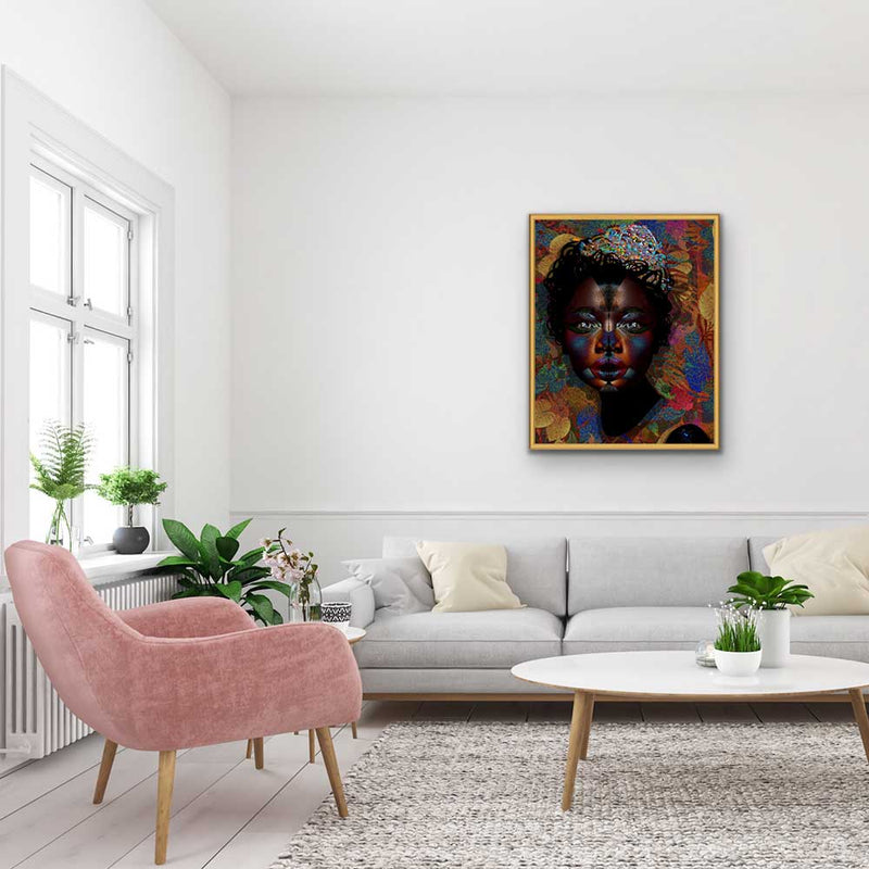 Pride mixed media bold black woman art collage portrait from Colourism Collection interior shot created by artist Caroline Chinakwe