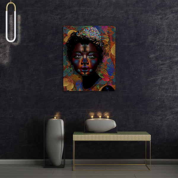 Pride mixed media bold black woman art collage portrait from Colourism Collection interior shot created by artist Caroline Chinakwe