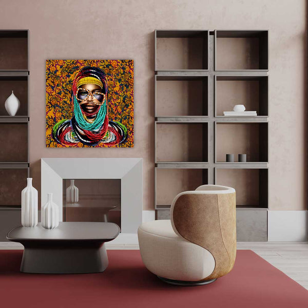 Queen mixed media bold black woman art collage portrait from Colourism Collection interior shot created by artist Caroline Chinakwe